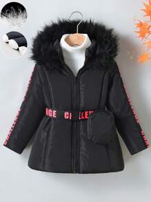 SHEIN Abrigo casual de longitud media acolchado con cuello de sombrero suave, sensación de calidad, rosa rojo con cinta jacquard con letra, estilo dulce y fresco, para niña joven - Negro - Ver 1