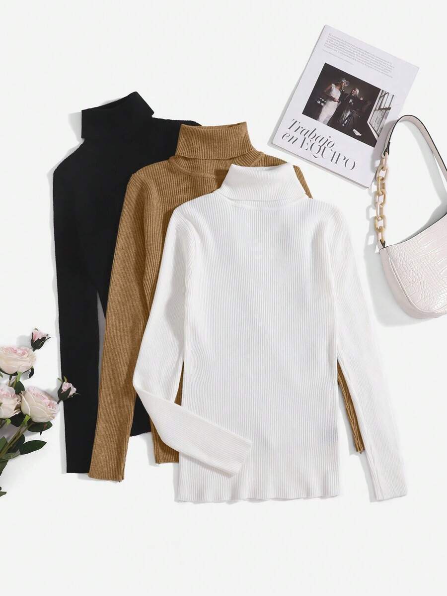 SHEIN EZwear 女士纯色高领休闲毛衣套头衫,秋冬 - 彩色 - 查看 1
