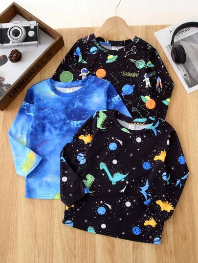 买二送一，男童休闲服饰，酷炫恐龙、太空、宇宙图案印花T恤，适合通勤、上学、日常休闲、学院风、基础款，男童服装，返校季，校服，适合幼儿园、学校、郊游、运动、秋冬季