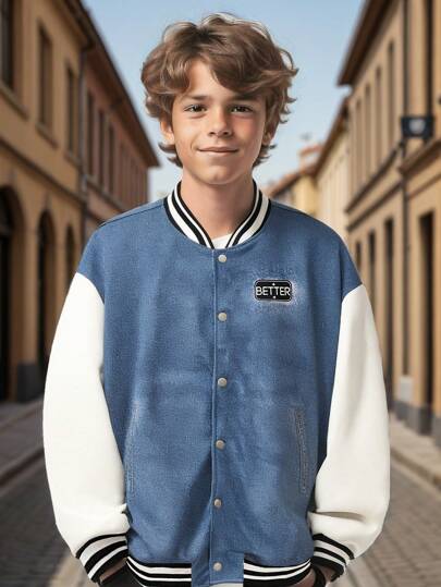 SHEIN 青少年男孩休闲蓝白夹克外套适合秋季，适合冬季，适合保暖学院家居，适合日常使用，适合运动