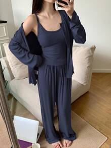DAZY 3件套简约吊带背心、睡袍和裤子家居休闲服套装，舒适保暖，秋冬睡衣 - 藏蓝色 - 查看 1