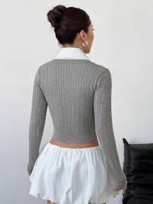 SHEIN Unity 女士长袖撞色衬衫领纽扣前开襟休闲两用针织套头衫秋冬款 - 灰色 - 查看 2