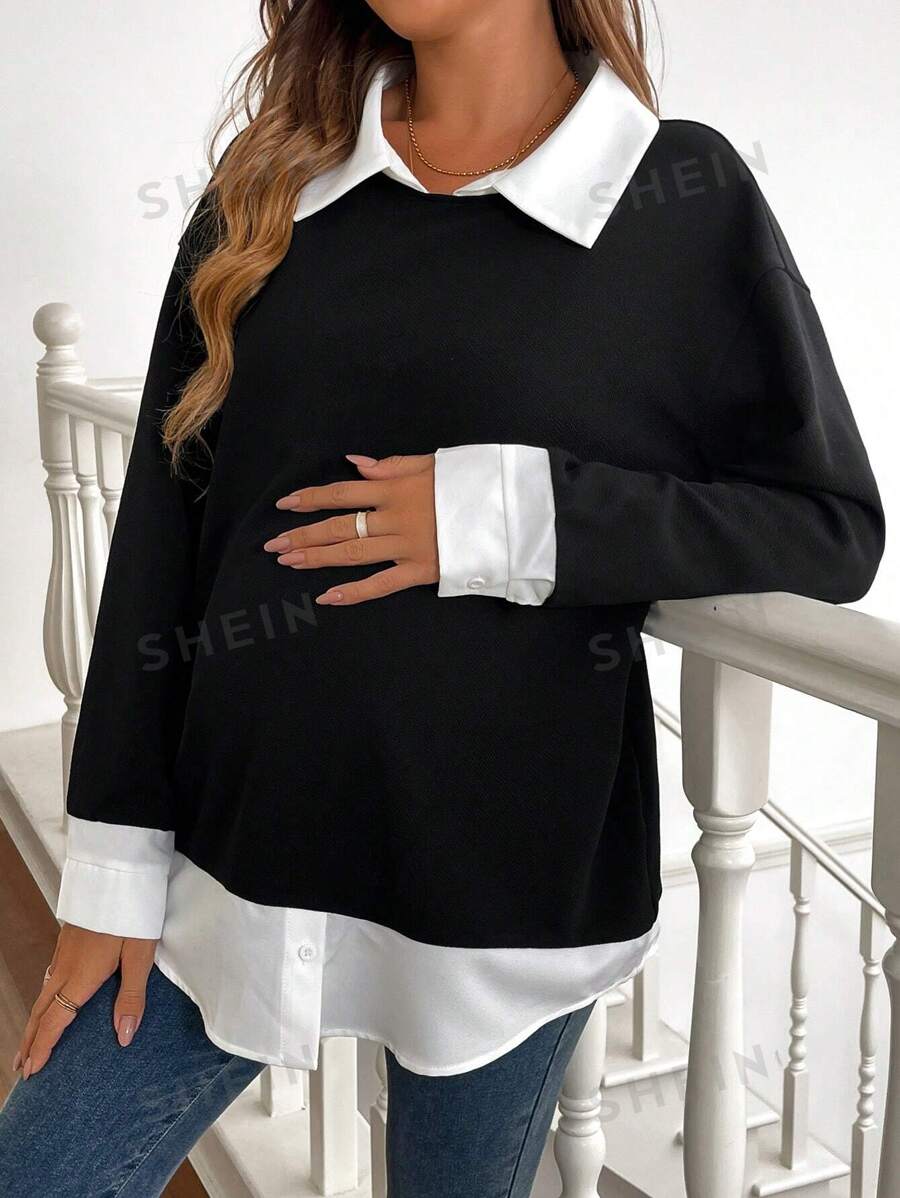 SHEIN Jersey de maternidad de unicolor con parches, de manga larga y diseño sencillo, informal para uso diario en invierno - Negro - Ver 1