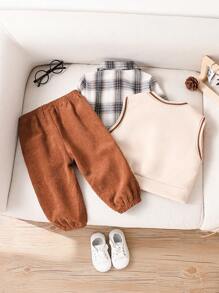 SHEIN Leap Crew 3 件套男婴/女婴服装，包括棕熊装饰保暖背心、绅士复古格子衬衫和灯芯绒裤子，适合上学、居家和外出、秋冬季 - 彩色 - 查看 2
