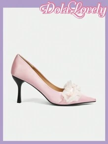 Dola Lovely Women's High Heel Pumps Lolita Style Plain Pink Bow & Floral 3D Pointed Toe Backless Sandals - Pink - View 4