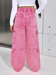 SHEIN Tween Girls Y2K 粉色石洗高腰翻盖口袋宽松直筒工装牛仔裤