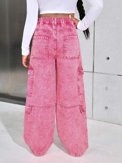 SHEIN Tween Girls Y2K 粉色石洗高腰翻盖口袋宽松直筒工装牛仔裤