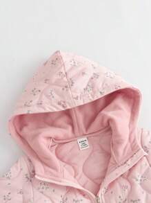 Baby Girl Ditsy Floral Hooded Long Sleeve Jumpsuit, Casual Daily Wear - Pink - View 4