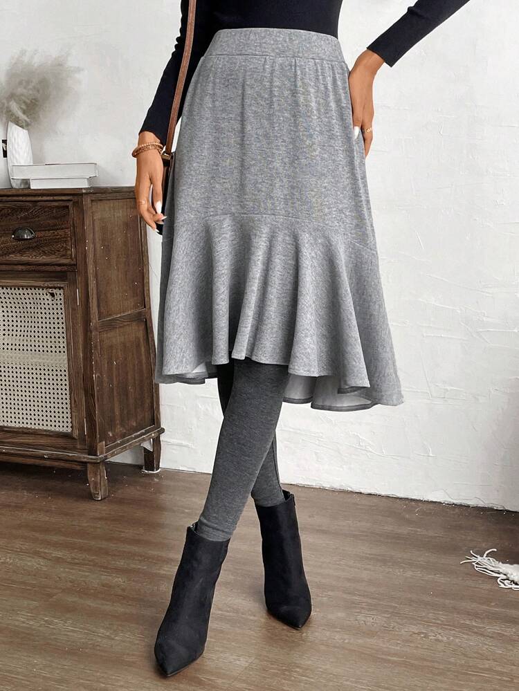 Women's Simple 2 In 1 Ruffled Hem Skort, Casual For Daily Wear Leggings Skirt Winter Women Pants
