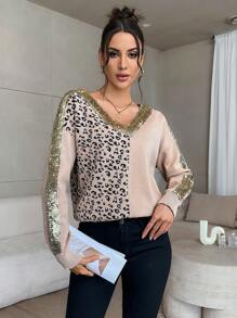 SHEIN Privé 女士秋冬亮片拼布豹纹印花 V 领奢华毛衣 - 粉色 - 查看 4