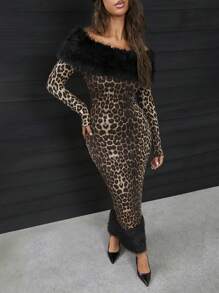 SHEIN SXY Sexy luipaardprint patchwork pluizige warme lange jurk voor dames, herfst/winter