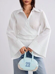 SHEIN EZwear Casual Solid Color Woven Turndown Collar Long Sleeve Fitted Women Shirt - White - View 6