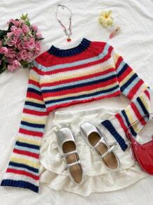 Soleia WYWH Women's Vacation Colorful Rainbow Knitted Long Sleeve Short Cover Up Sweater For Autumn