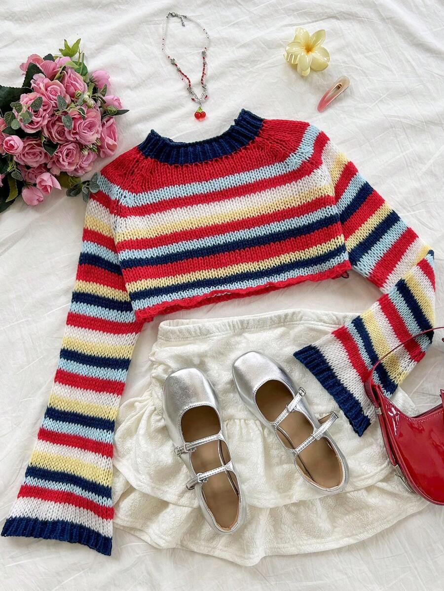 Soleia WYWH Women's Vacation Colorful Rainbow Knitted Long Sleeve Short Cover Up Sweater For Autumn