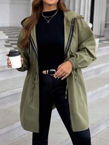 SHEIN LUNE 大码纯色连帽拉链休闲长袖夹克大码秋季服装 - 軍綠色 - 查看 5