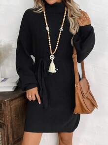 EMERY ROSE Vestido de suéter con cuello alto, cinturón en la cintura y unicolor, informal, para otoño/invierno