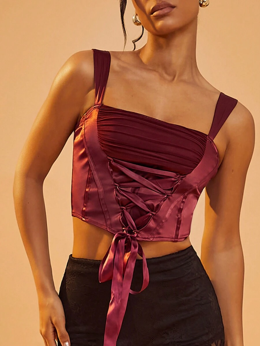 Hauture Satin Mesh Ribbon Lace Up Bustier Bow Top - Burgundy - View 1