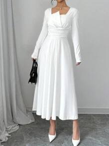 Firerie 女士优雅通勤纯色白色不对称领长袖褶皱腰 A 字裙，优雅适合除夕、秋季、冬季 - 白色 - 查看 5