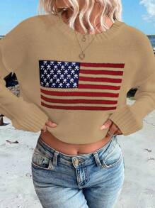 SHEIN LUNE Suéter casual de hombros caídos con diseño de bandera de EE. UU. para otoño/invierno, jersey de punto de otoño - Caqui - Ver 7