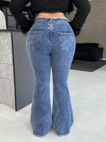 SHEIN ICON 大码蓝色紧身喇叭牛仔裤，性感街头风格 - 中等水洗藍 - 查看 2