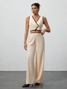 SHEIN Tall Retro Women's Suit With Contrasting Colors, Outer Suit Suit, Early Autumn Clothing - Khaki - View 5