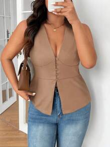 SHEIN Frenchy 大码黑色亚麻面料 V 领衬衫 纽扣开衩 简约时尚 适合婚宴 日常通勤 休闲修身无袖背心 法式风 老款 - 卡其色 - 查看 1