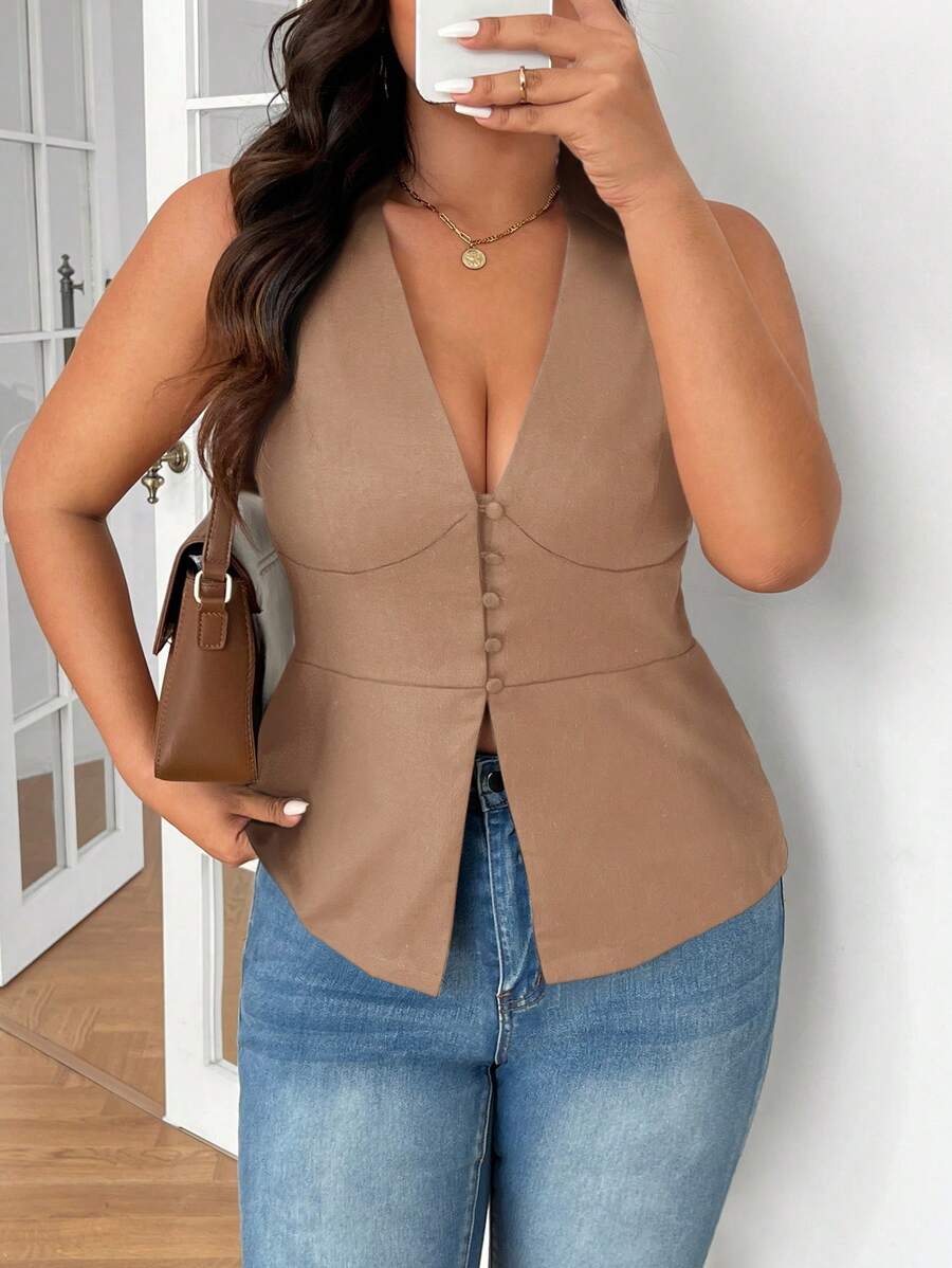 SHEIN Frenchy 大码黑色亚麻面料 V 领衬衫 纽扣开衩 简约时尚 适合婚宴 日常通勤 休闲修身无袖背心 法式风 老款 - 卡其色 - 查看 1