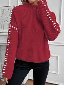 SHEIN LUNE Nowy sweter z długim rękawem i półgolfem na jesień/zimę, luźny i swobodny, z charakterystycznym wzorem