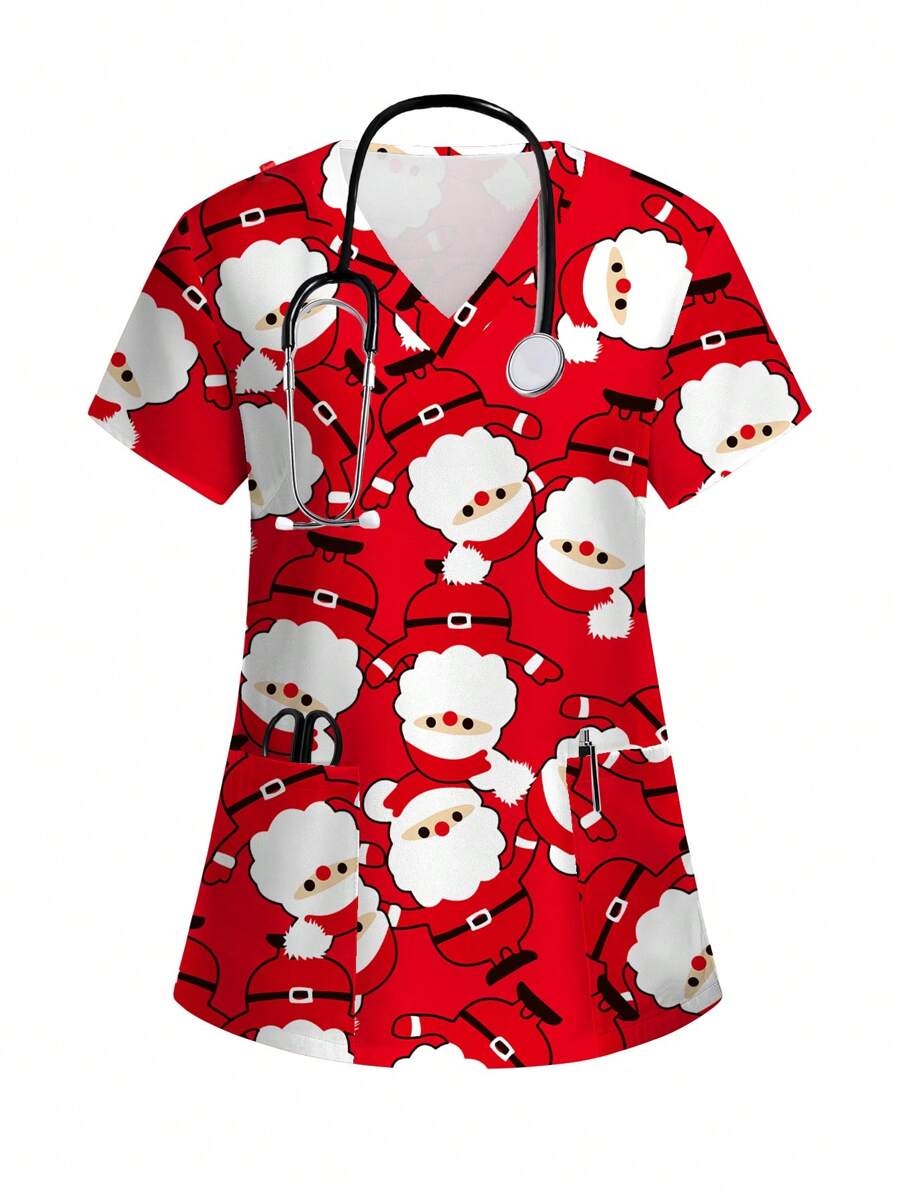 PopScrub 圣诞老人与白胡子卡通主题护理制服手术服上衣，圣诞节女式上衣 - 白色 - 查看 1