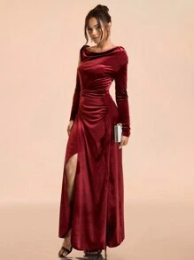 SHEIN Belle Vestido de mujer elegante y formal de Navidad de terciopelo con parches y volantes en el cuello, ajustado y entallado, color rojo burdeos, elegante y lujoso, con encaje de lentejuelas transparente, empalme de terciopelo, falda sirena con cola, manga larga, ideal para bodas, fiestas, bailes de graduación y eventos formales (versión resistente), vestido de noche, para invitadas de boda, graduación y cenas - Rojo - Ver 6