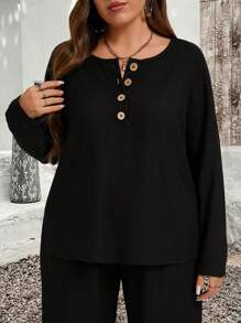 EMERY ROSE Plus Size Winterkleding Voor Vrouwen Vakantie-outfits Vrouw 2-delige Set Effen Kleur Lange Mouw Top En Lange Broek Casual Outfit