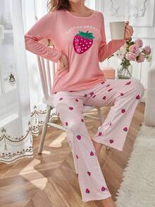 女士140g牛奶丝数码印花睡衣套装 - 粉色 - 查看 3