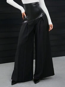SHEIN SXY Quần ống rộng lưng cao bằng da PU màu đen, thời trang cho mùa thu/đông - màu đen - Xem 1