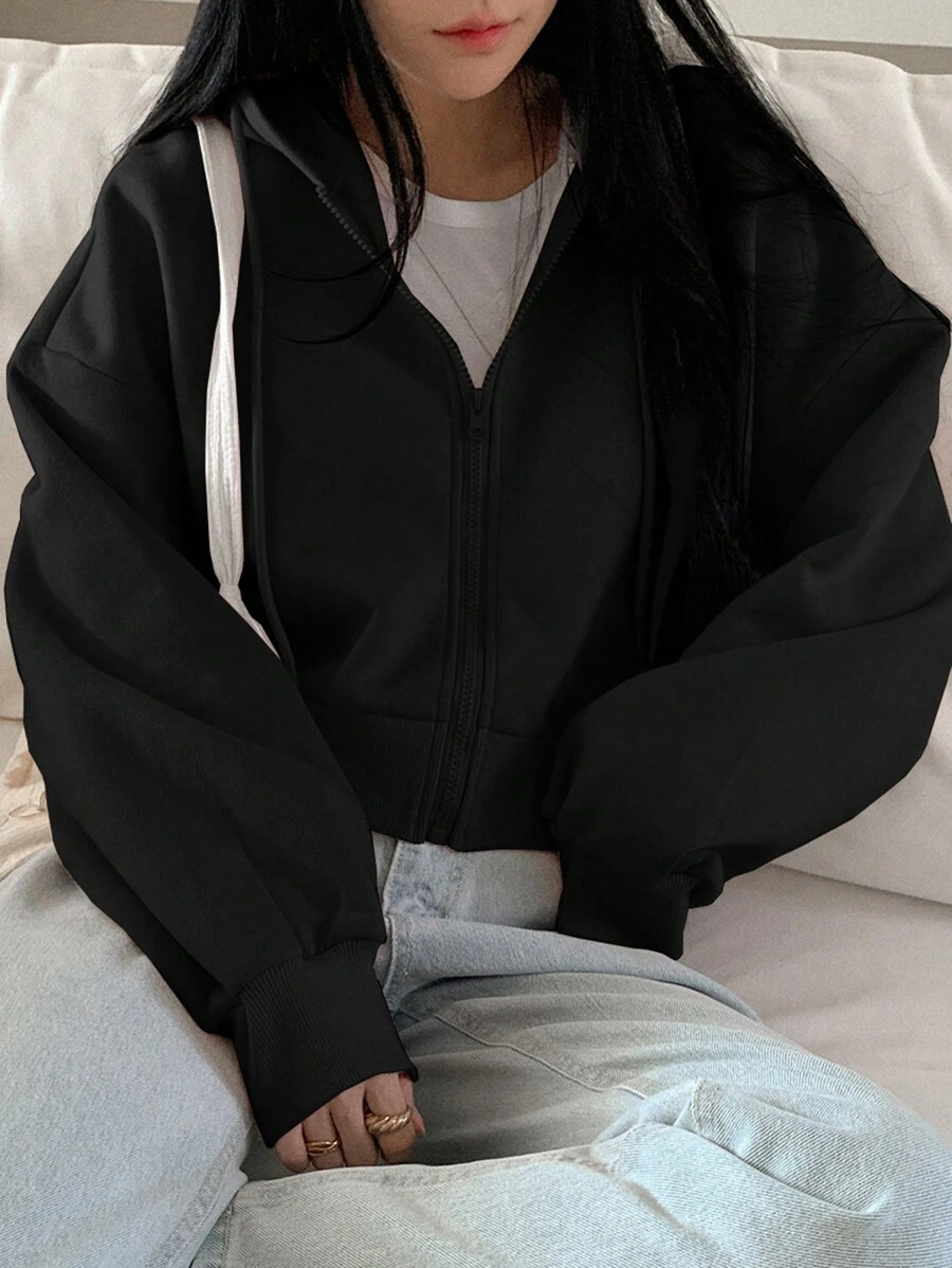 DAZY 女式短款宽松休闲羊毛连帽衫，秋季服装运动衫夹克拉链 - 黑色 - 查看 1