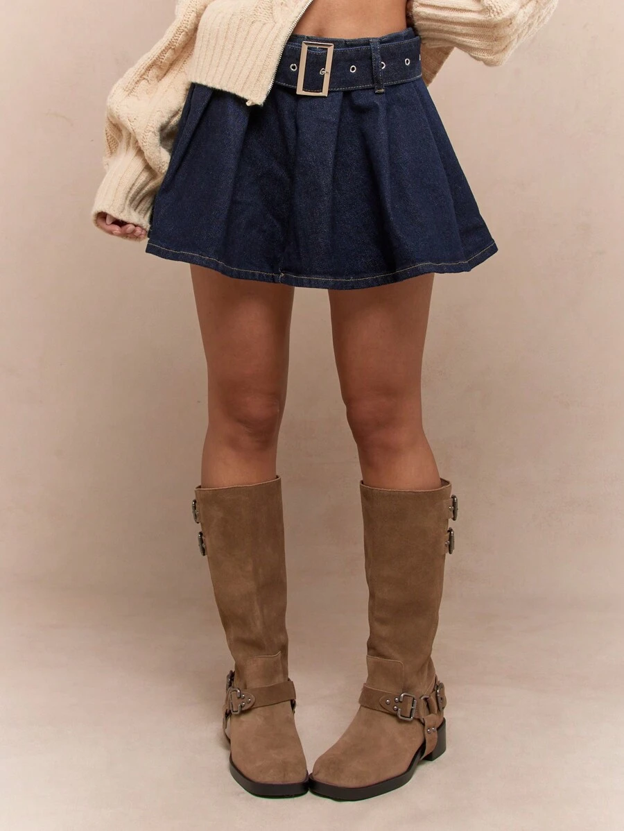 MISSGUIDED Pleated Denim Mini Skirt With Belt - Blue - View 1