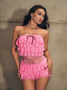 Zolique Lace Spliced Bow Decor Ruffled Tube Top Jumpsuit, Casual Holiday Attire - Pink - View 4