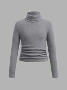 SHEIN Girlism Tween Girls Solid Color Turtleneck Long Sleeve Ribbed Casual T-Shirt 3 Piece/Set, Winter Clothes - Brown - View 5