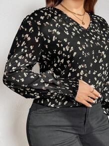 SHEIN Frenchy Áo sơ mi tay đèn lồng họa tiết da báo toàn thân Plus - màu đen - Xem 6
