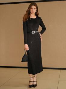 MOTF PREMIUM 纯色水钻开衩后背毛衣裙 - 黑色 - 查看 9