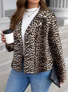SHEIN LUNE Plus Size Casual Leopard Print Zip-Up Jacket For Everyday Wear, Autumn Plus Size Fall Clothes - Multicolor - View 4