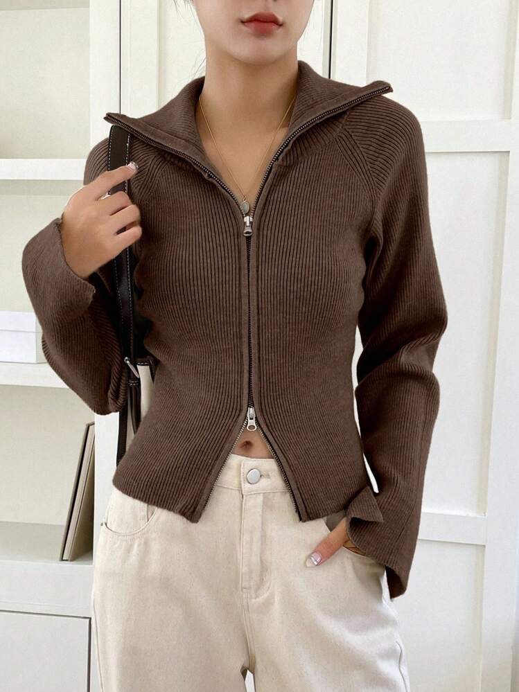 DAZY Zip Up Raglan Sleeve Ribbed Knit Cardigan,Long Sleeve Tops