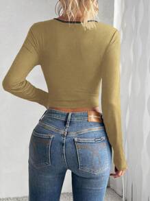 Chiquease Nuevas llegadas de Otoño/Invierno 2024 - Camiseta de cuello redondo ajustada y recortada de manga larga con lazo de color block
