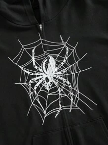 ROMWE Grunge Punk Áo hoodie cỡ lớn in hình mạng nhện có khóa kéo giản dị đính đá cho nữ - màu đen - Xem 5