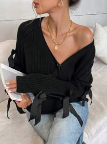 SHEIN Privé 女士休闲蝴蝶结装饰镂空插肩袖开衫，秋冬 - 黑色 - 查看 5