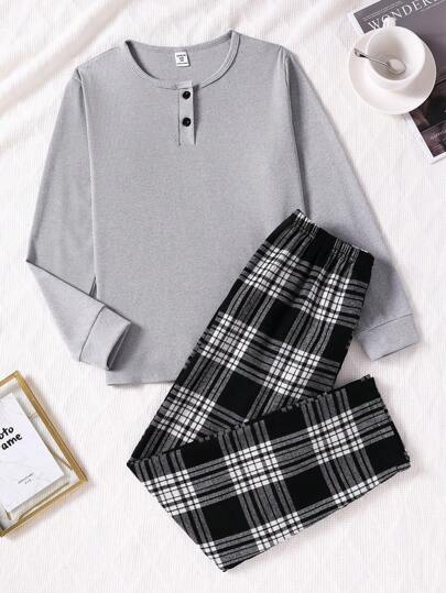 2st/set Tween Boys Grey Solid Långärmad Topp med bekväma plädade byxor, Casual Homewear Sets