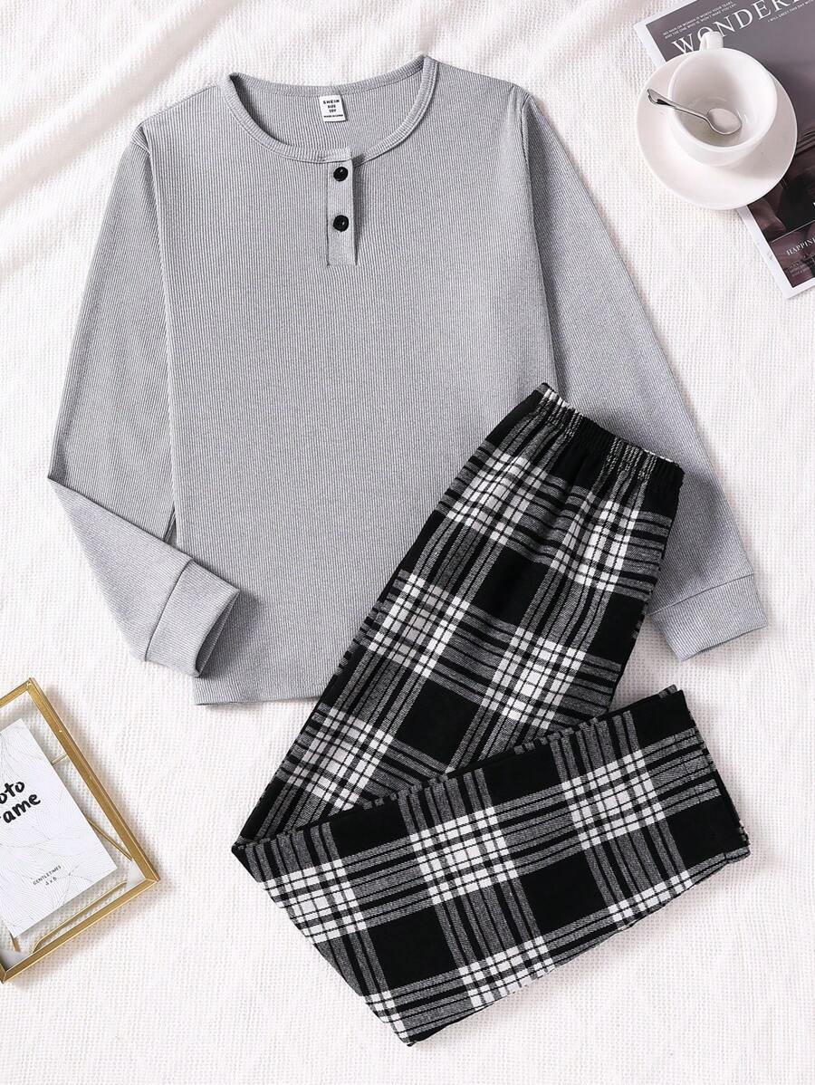 2 件套 Tween 男孩灰色纯色长袖上衣搭配舒适格子裤，休闲家居服套装