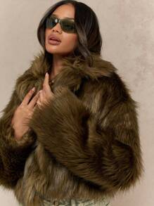 MISSGUIDED 奢华人造毛皮短款冬季夹克毛绒长袖外套保暖个性外套秋季时尚派对晚装现代精致 - 軍綠色 - 查看 3