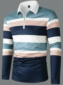 Manfinity Homme Men's Spring Summer Stripe Long Sleeve Casual Commuter Polo Shirt