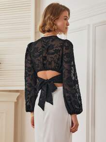 SHEIN Unity Women Elegant Solid Color Cut-Out Lantern Sleeve Cropped Blouse, Autumn Fall Cloth For Women - Black - View 2