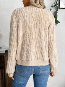 EMERY ROSE 女士休闲纯色拉链毛绒夹克，适合户外、秋季 - 駝色 - 查看 2